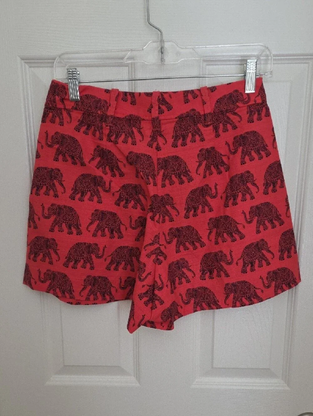 J. Crew Coral Red Tap Style Shorts with Black Elephant Print. Size 2